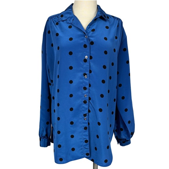 Tops - Blue Black Polka Dot Button Front Tunic Blouse Long Sleeve Roll Tab XL